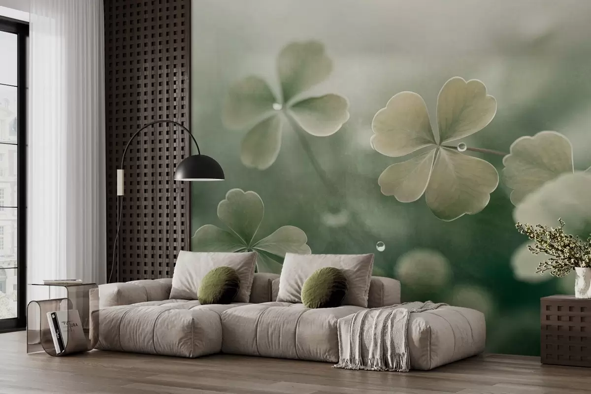 wall murals Детелине са четири листа са капљицама воде, светло зелена боја, меки фокус, замућена позадина, текстурирани отисак w09376