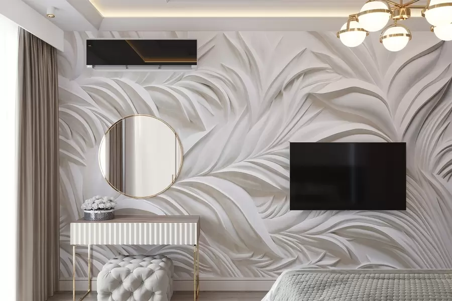 wall murals Апстрактни текстурирани бели листови и цветни елементи, минималистичка естетика w09378