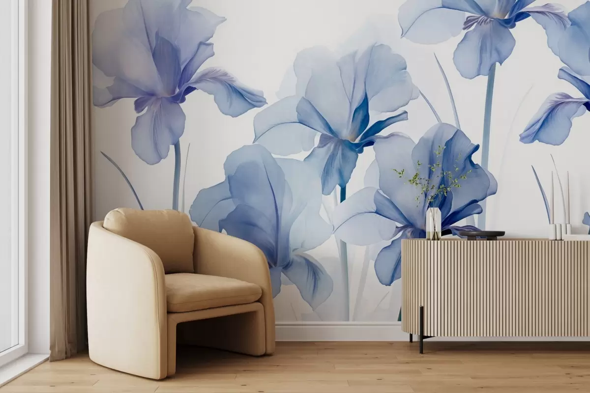 wall murals Плави цветови ириса са провидним латицама и дугим стабљикама, распоређени у низу на плавој позадини, меки и текстурирани w09379