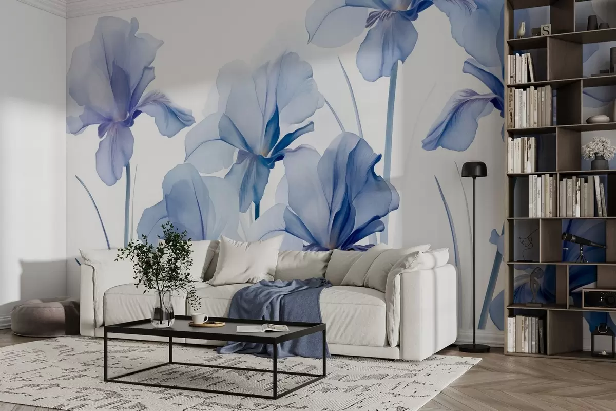 wall murals Плави цветови ириса са провидним латицама и дугим стабљикама, распоређени у низу на плавој позадини, меки и текстурирани w09379