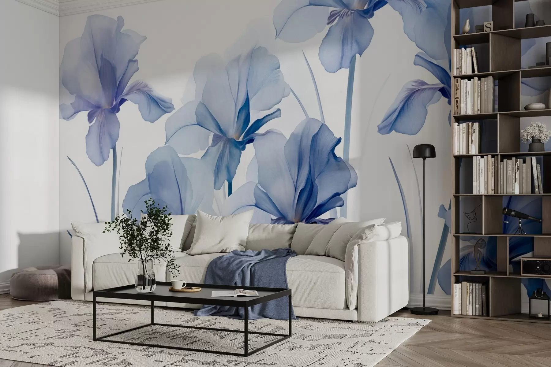 wall murals Плави цветови ириса са провидним латицама и дугим стабљикама, распоређени у низу на плавој позадини, меки и текстурирани w09379