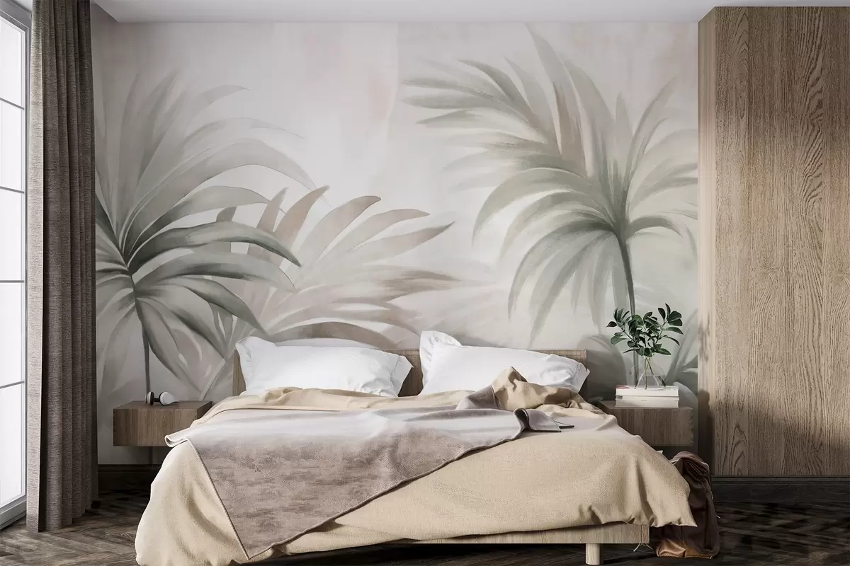 wall murals Текстурирано лишће палме у неутралним бојама, беж апстрактна позадина, меки потези четкицом, тропско текстурирано лишће w09380