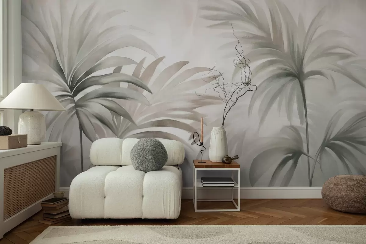 wall murals Текстурирано лишће палме у неутралним бојама, беж апстрактна позадина, меки потези четкицом, тропско текстурирано лишће w09380