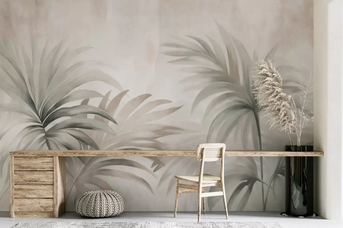 wall murals Текстурирано лишће палме у неутралним бојама, беж апстрактна позадина, меки потези четкицом, тропско текстурирано лишће w09380