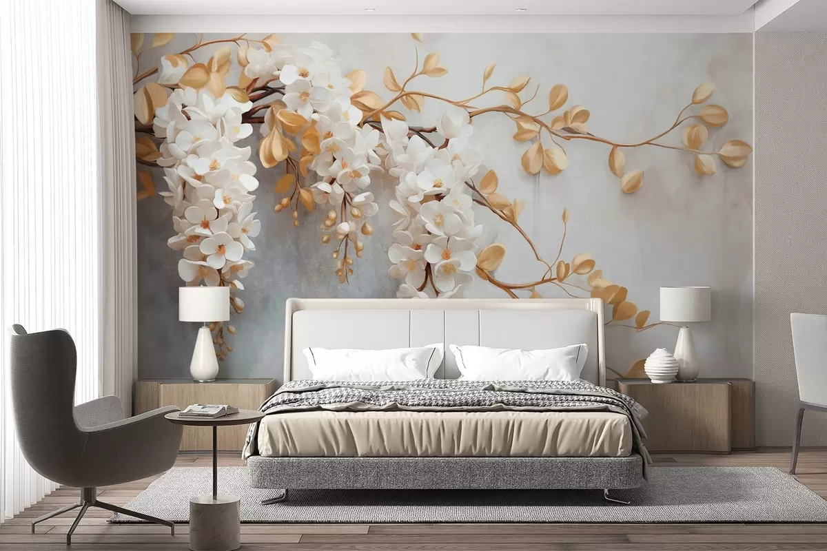 wall murals Бели цветови глициније са жутим листовима на грани, који се спуштају низ текстурирану белу позадину, нежне латице w09381
