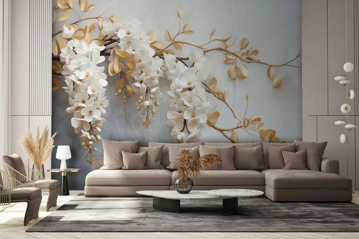 wall murals Бели цветови глициније са жутим листовима на грани, који се спуштају низ текстурирану белу позадину, нежне латице w09381