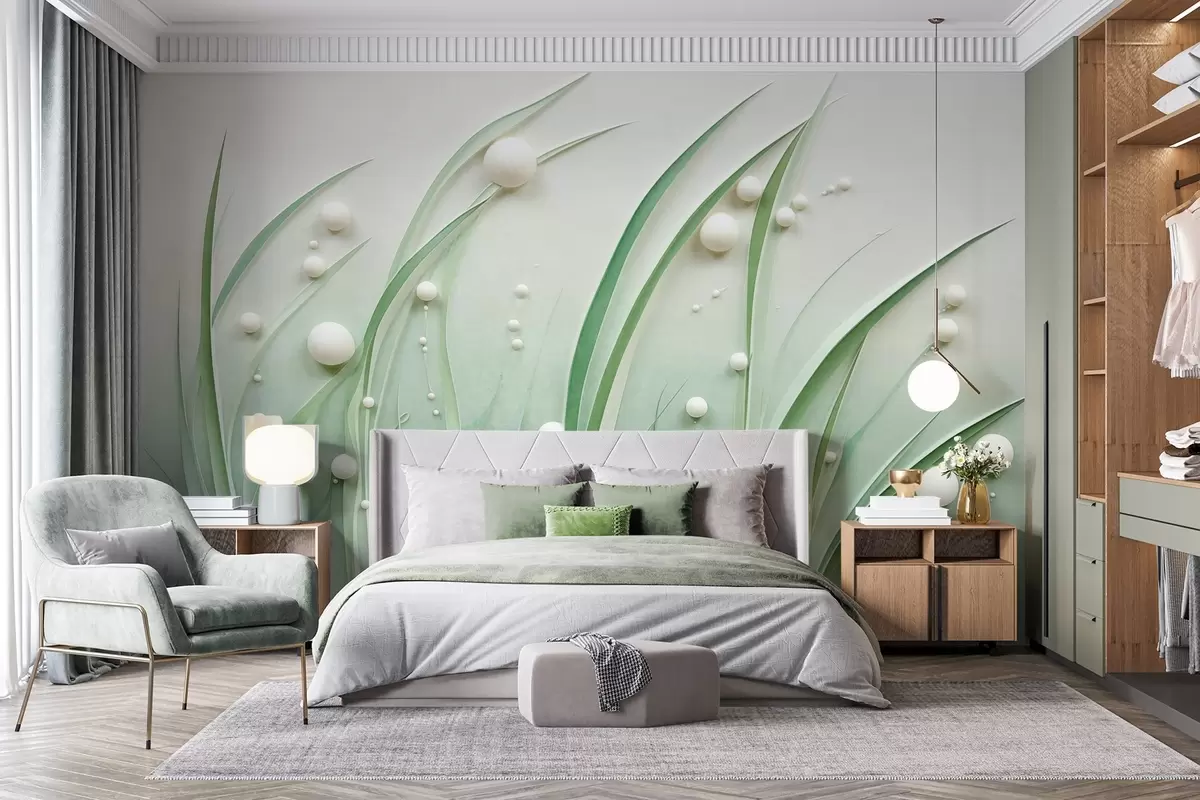 wall murals Апстрактна зелена трава са белим сферама, светло зелена позадина, текстура, чисте линије, минималистички стил w09382