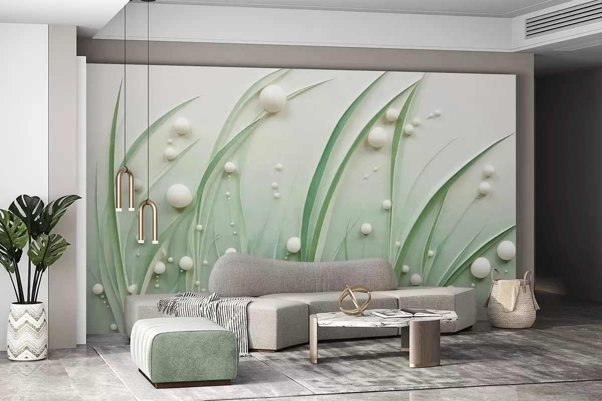 wall murals Апстрактна зелена трава са белим сферама, светло зелена позадина, текстура, чисте линије, минималистички стил w09382