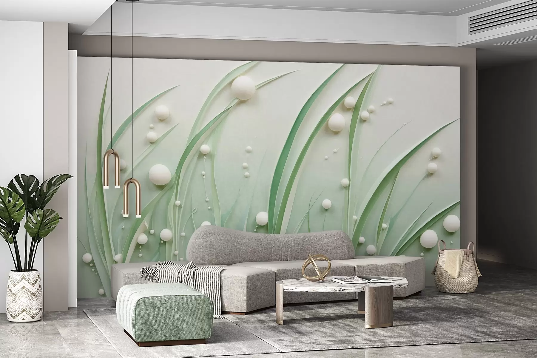 wall murals Апстрактна зелена трава са белим сферама, светло зелена позадина, текстура, чисте линије, минималистички стил w09382
