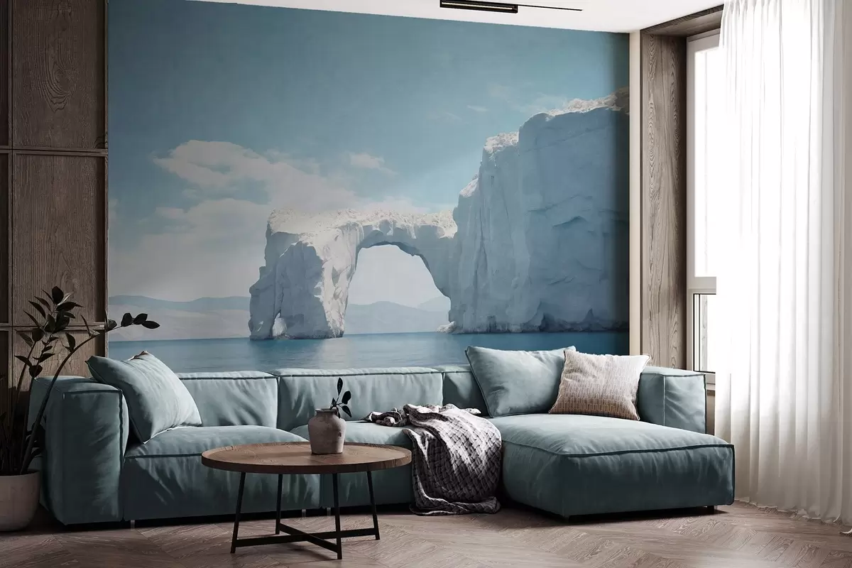 wall murals Пејзаж са природним леденим мостом преко океана, ведро плаво небо са облацима, текстурирани отисак w09383