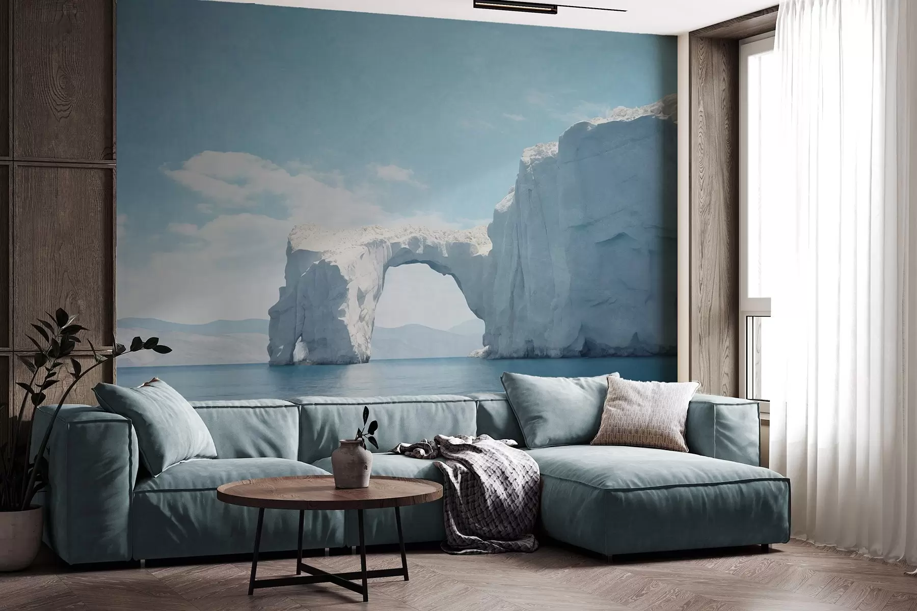 wall murals Пејзаж са природним леденим мостом преко океана, ведро плаво небо са облацима, текстурирани отисак w09383