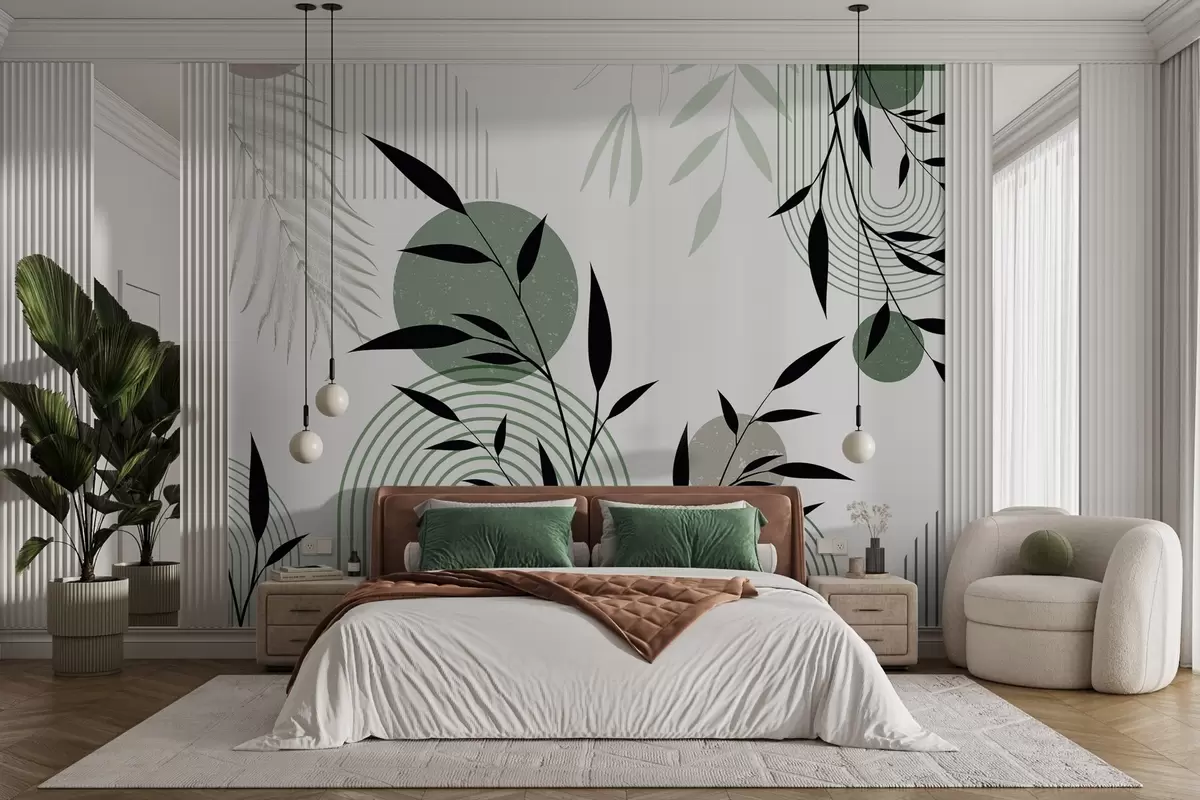 wall murals Текстурирани апстрактни отисак са геометријским облицима, круговима и луковима и црно-зеленим биљкама на белој позадини w09384