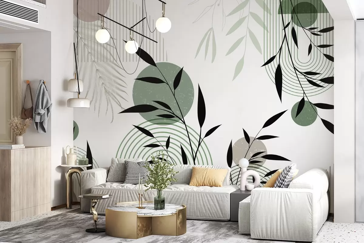 wall murals Текстурирани апстрактни отисак са геометријским облицима, круговима и луковима и црно-зеленим биљкама на белој позадини w09384