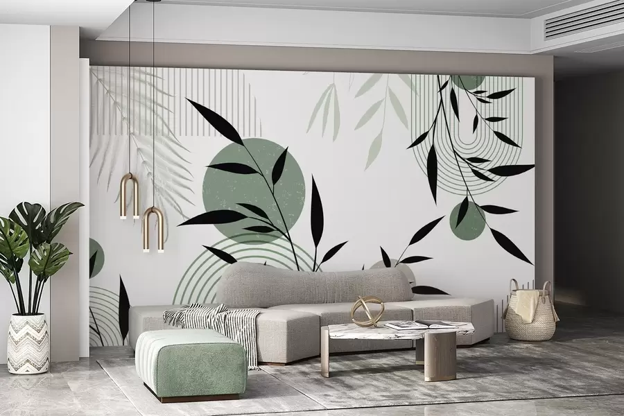 wall murals Текстурирани апстрактни отисак са геометријским облицима, круговима и луковима и црно-зеленим биљкама на белој позадини w09384