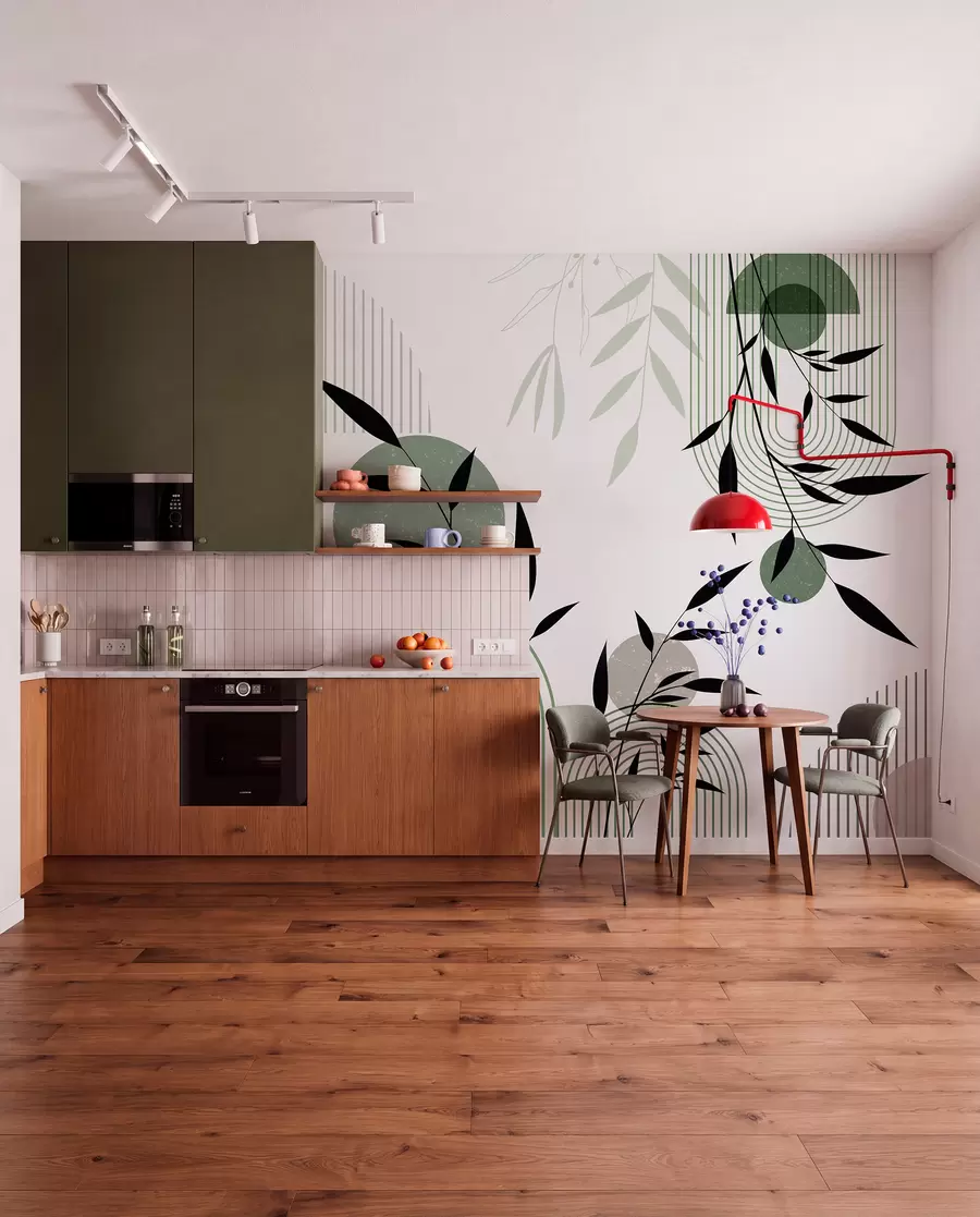 wall murals Текстурирани апстрактни отисак са геометријским облицима, круговима и луковима и црно-зеленим биљкама на белој позадини w09384