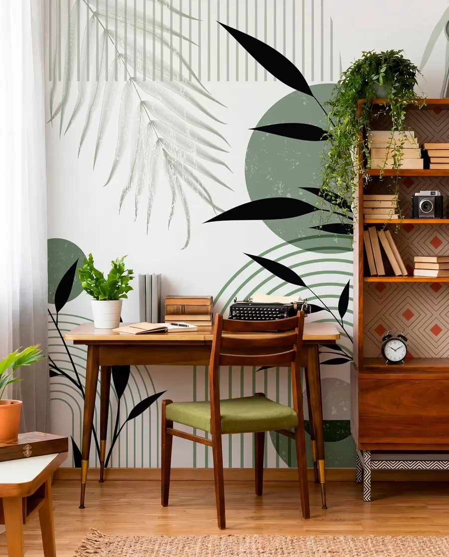 wall murals Текстурирани апстрактни отисак са геометријским облицима, круговима и луковима и црно-зеленим биљкама на белој позадини w09384