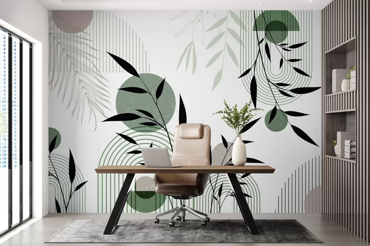 wall murals Текстурирани апстрактни отисак са геометријским облицима, круговима и луковима и црно-зеленим биљкама на белој позадини w09384