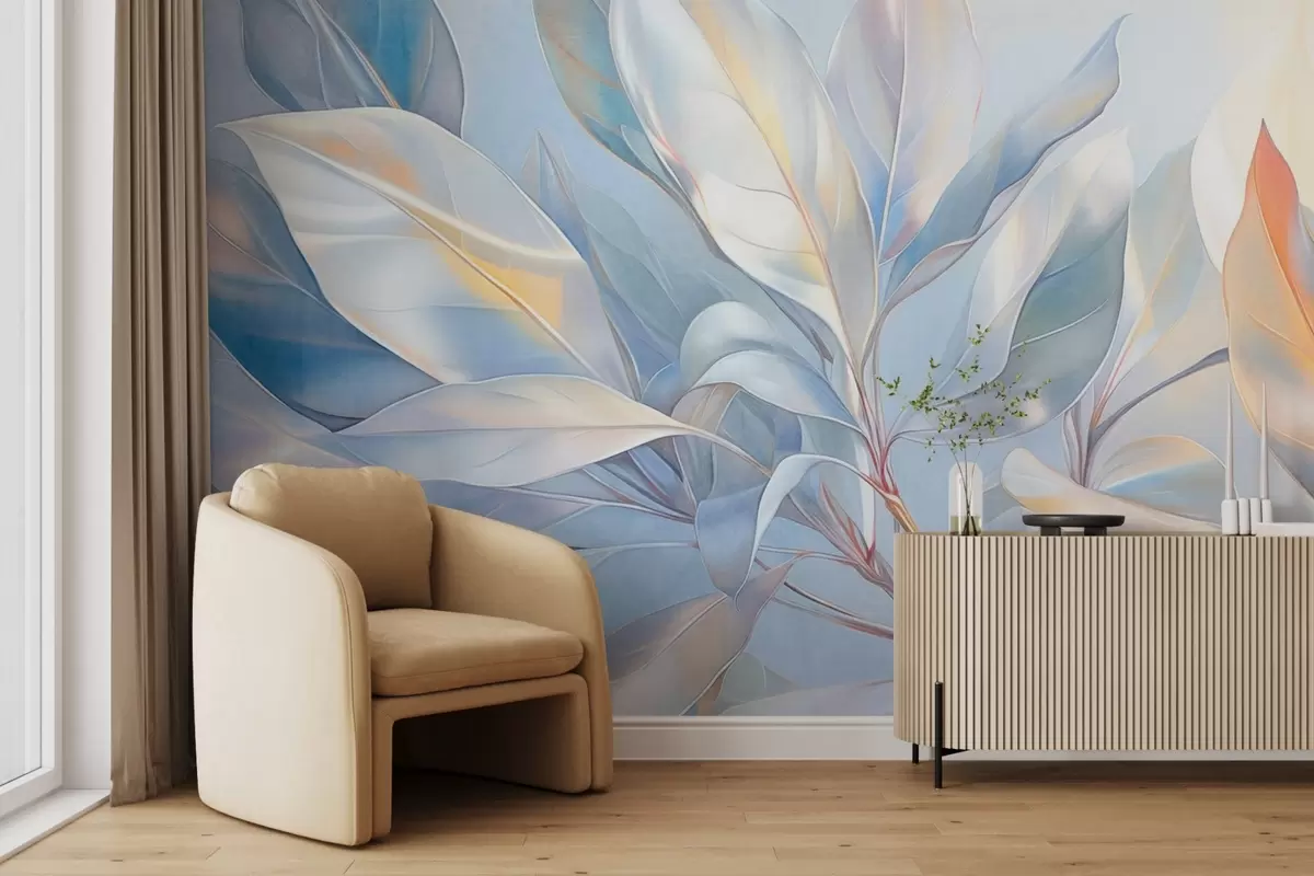 wall murals Листови магнолије са белим и плавим тоновима, меко осветљење, елегантна композиција, детаљне жиле листа, уметнички потези четкицом w09385