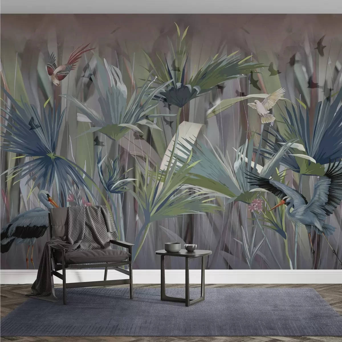 wall murals Егзотичне птице међу палминим листовима и цвећем w04458