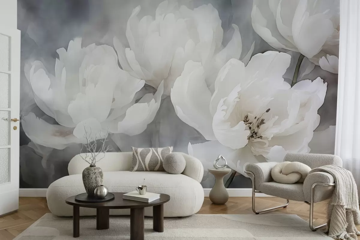 wall murals Бело цвеће на магловитој, нежној позадини w04441