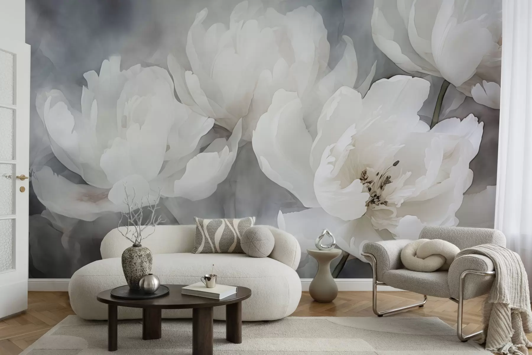 wall murals Бело цвеће на магловитој, нежној позадини w04441