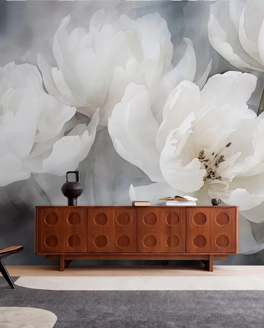 wall murals Бело цвеће на магловитој, нежној позадини w04441