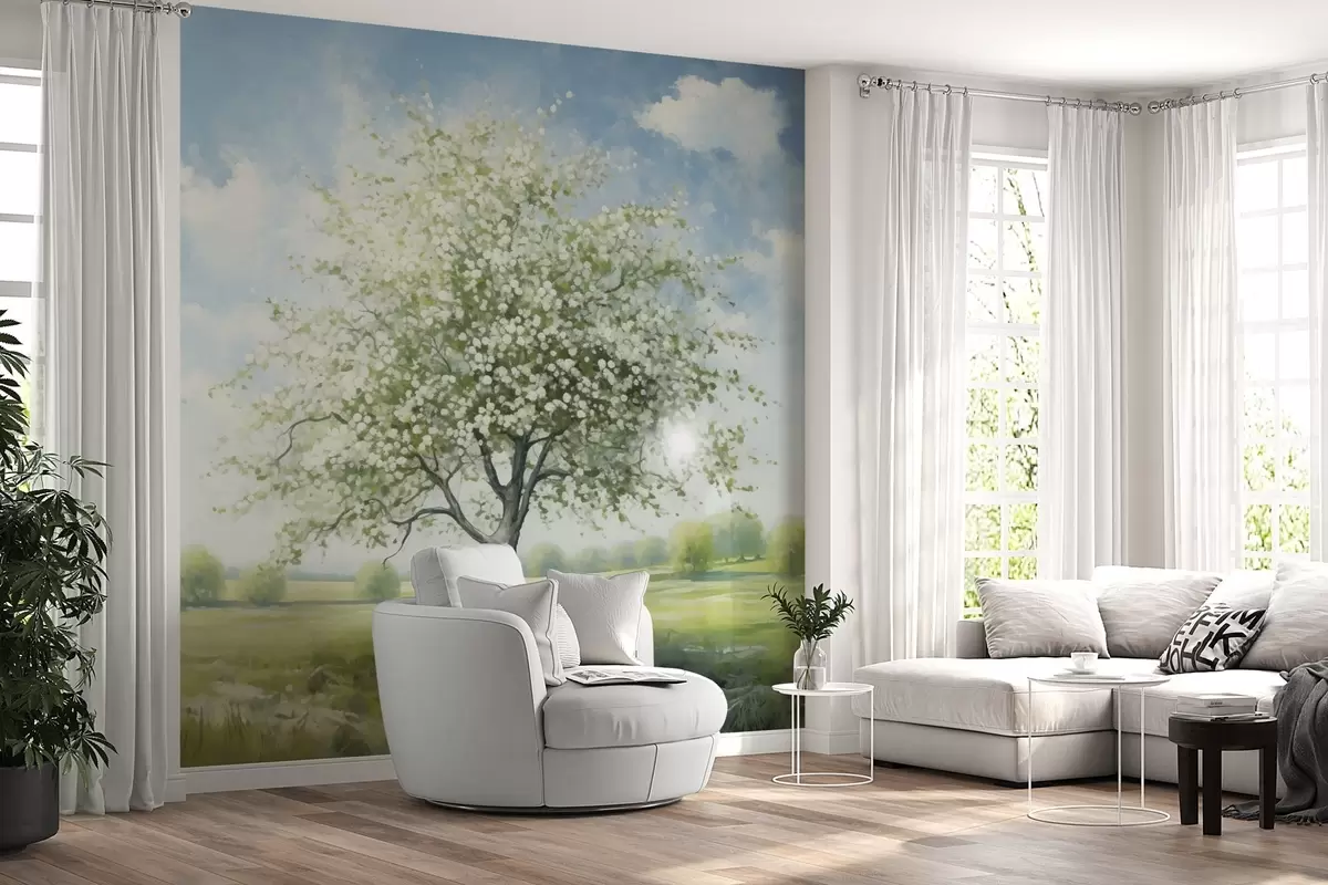 wall murals Усамљено дрво у пољу са белим цвећем w04445