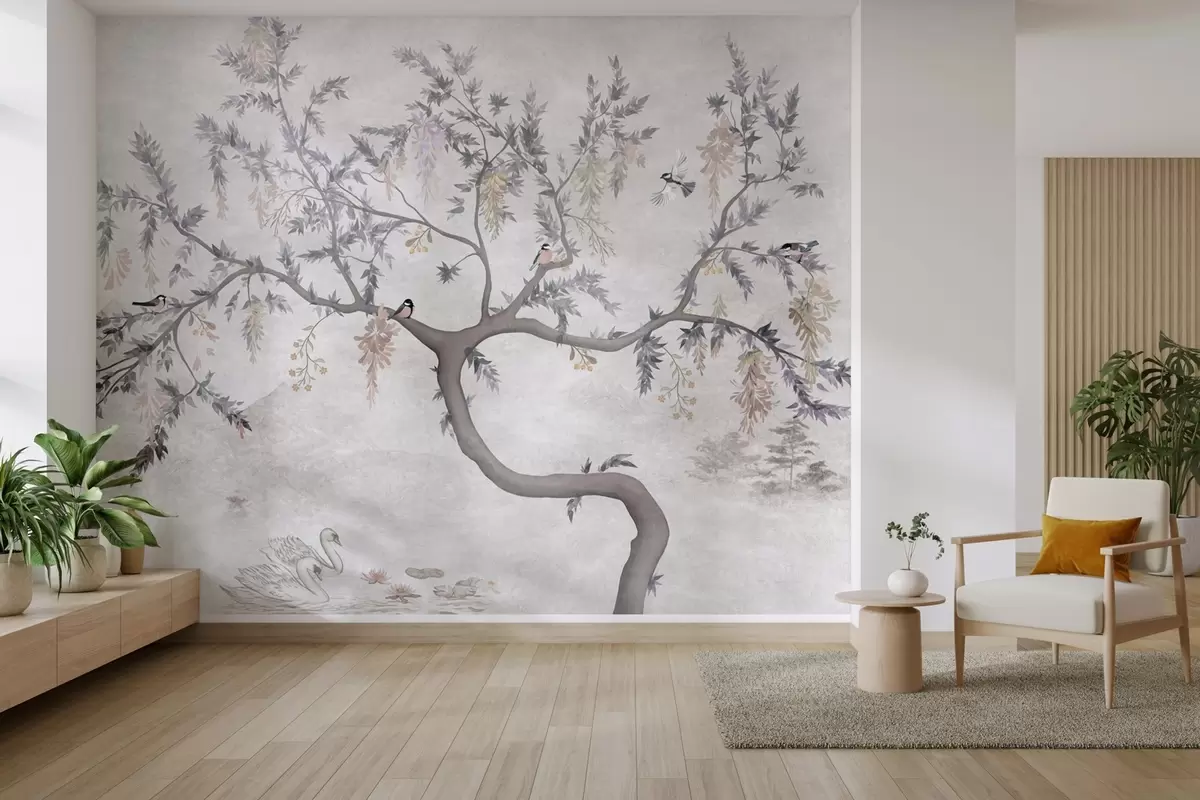 wall murals Грана дрвета са птицама у оријенталном стилу w04456
