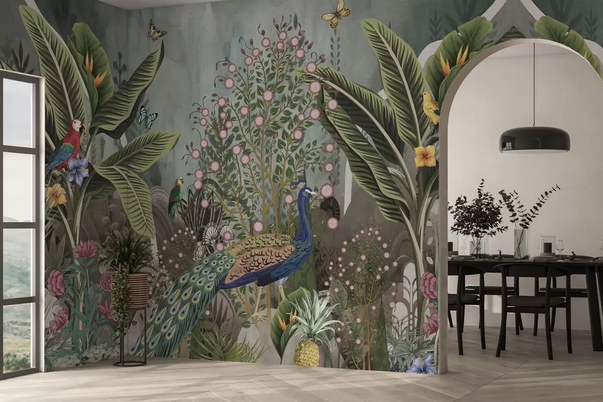 wall murals Светле тропске птице и паун међу егзотичним биљкама w04457