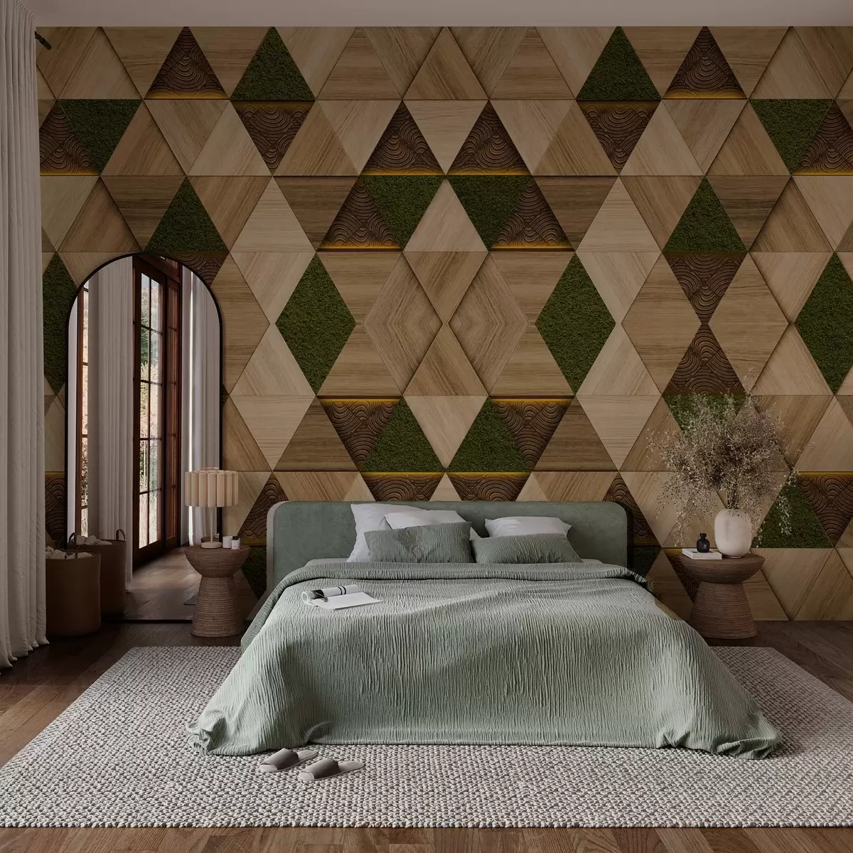 wall murals Геометријски дрвени украс са маховином w04459