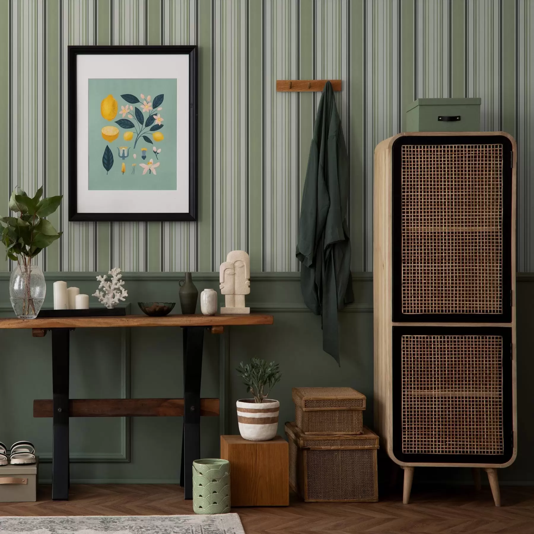 wall murals Крем позадина са мешавином зелених и црних пруга a00563