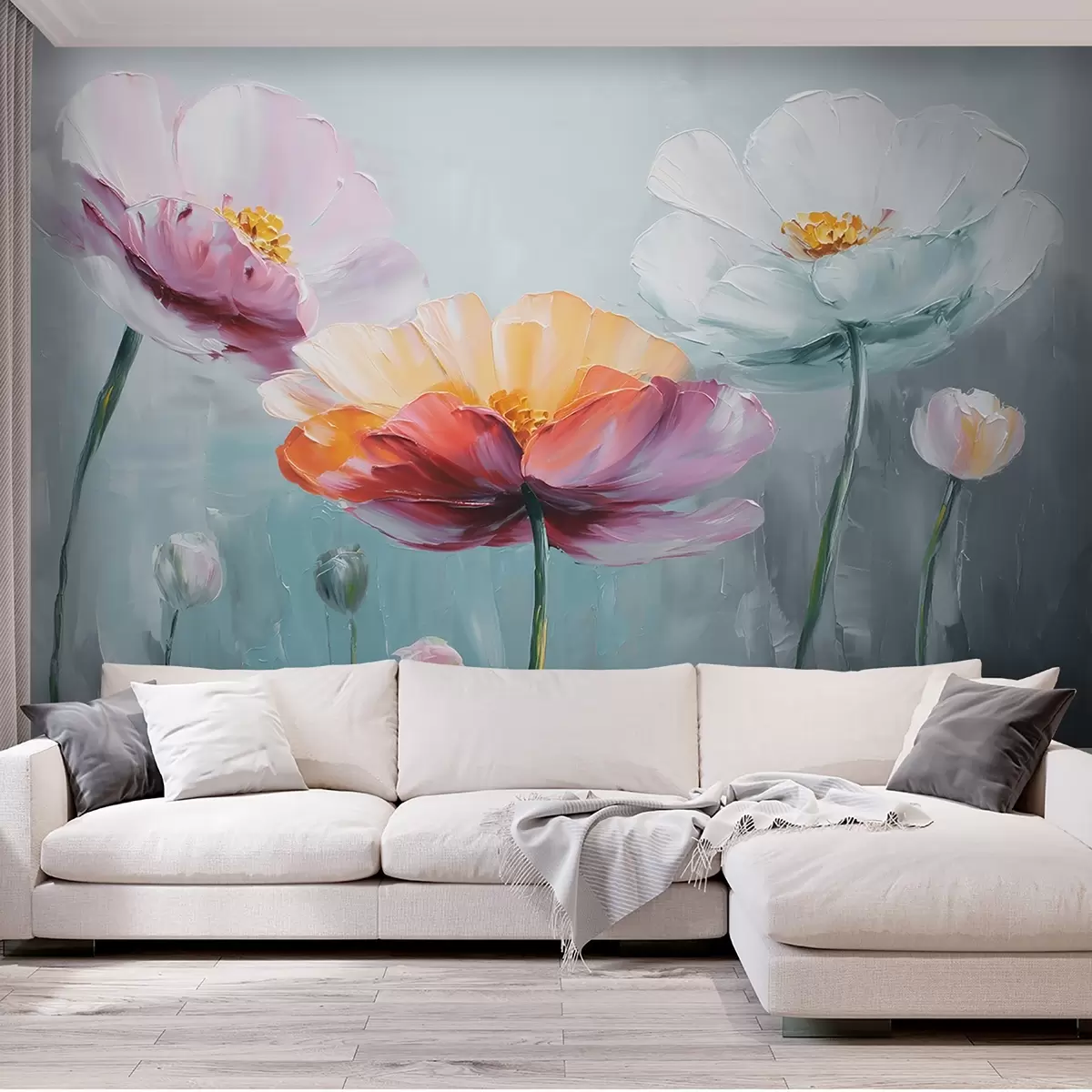 wall murals Светло цвеће у техници сликања уљем на плавој позадини w09310