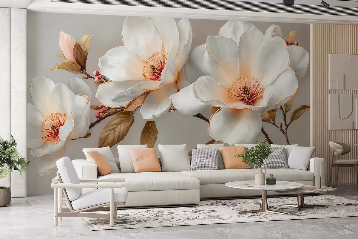 wall murals Нежно цвеће на грани у пастелним тоновима са наранџастим средиштем w09299