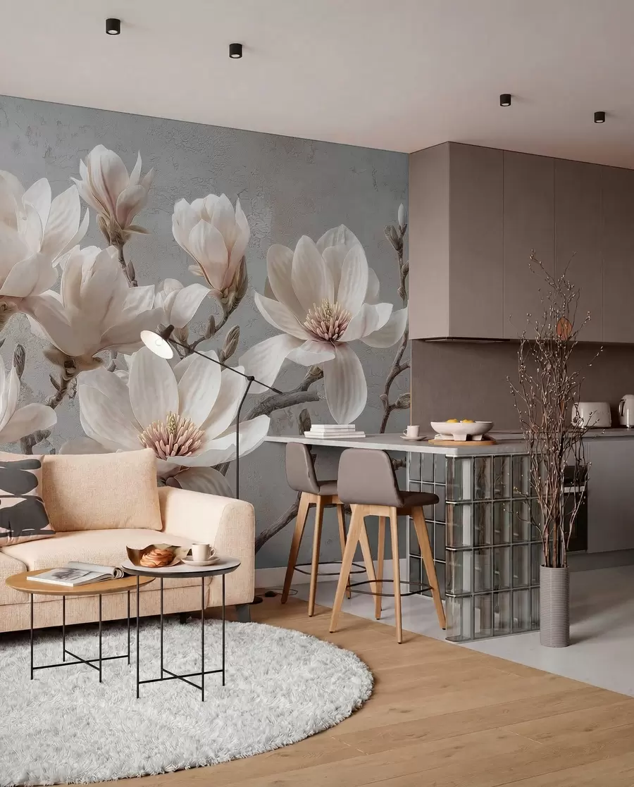 wall murals Гране магнолије са великим светлим цветовима у пригушеним тоновима w09305