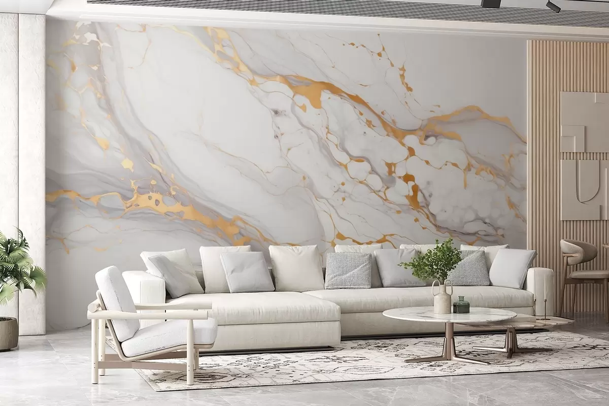 wall murals Имитација мермерне текстуре са меким сивим прелазима и жутим акцентима w09362