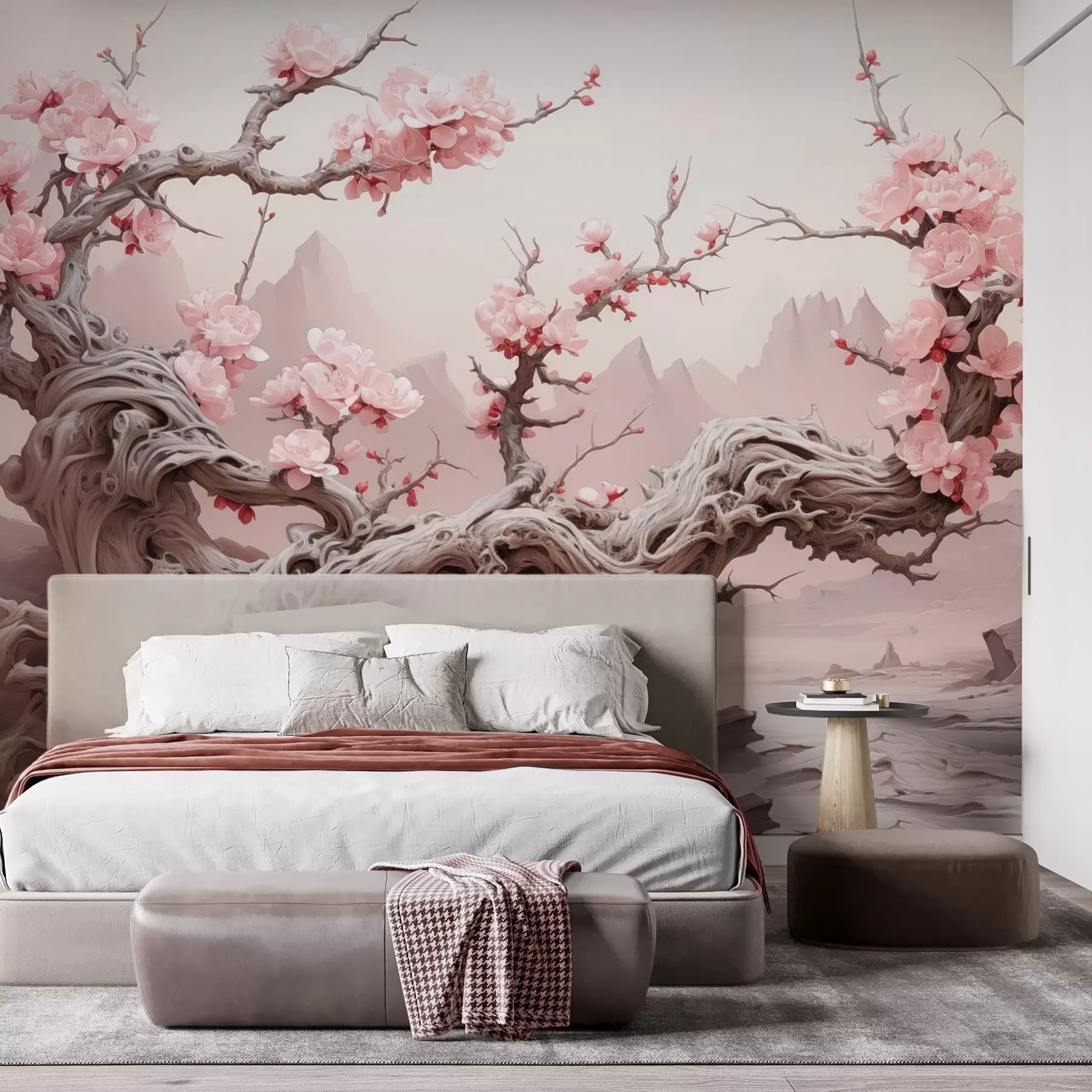 wall murals Увијено дебло дрвета са цветајућом ружичастом сакуром w09388