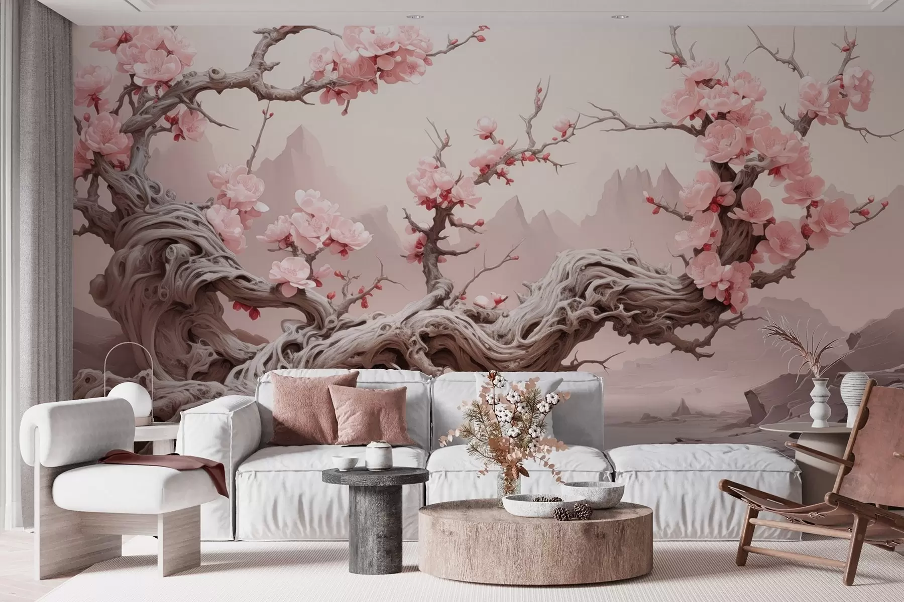 wall murals Увијено дебло дрвета са цветајућом ружичастом сакуром w09388
