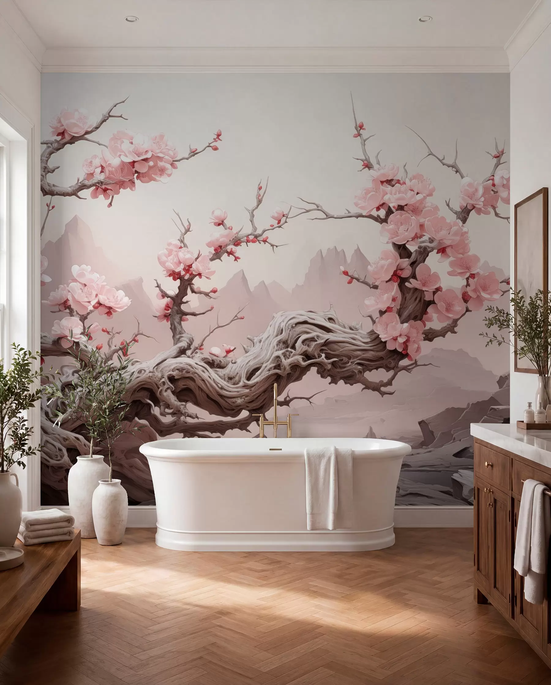 wall murals Увијено дебло дрвета са цветајућом ружичастом сакуром w09388