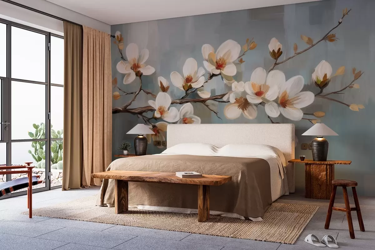 wall murals Цветајућа грана у стилу уљаног сликарства на плавој позадини w04496