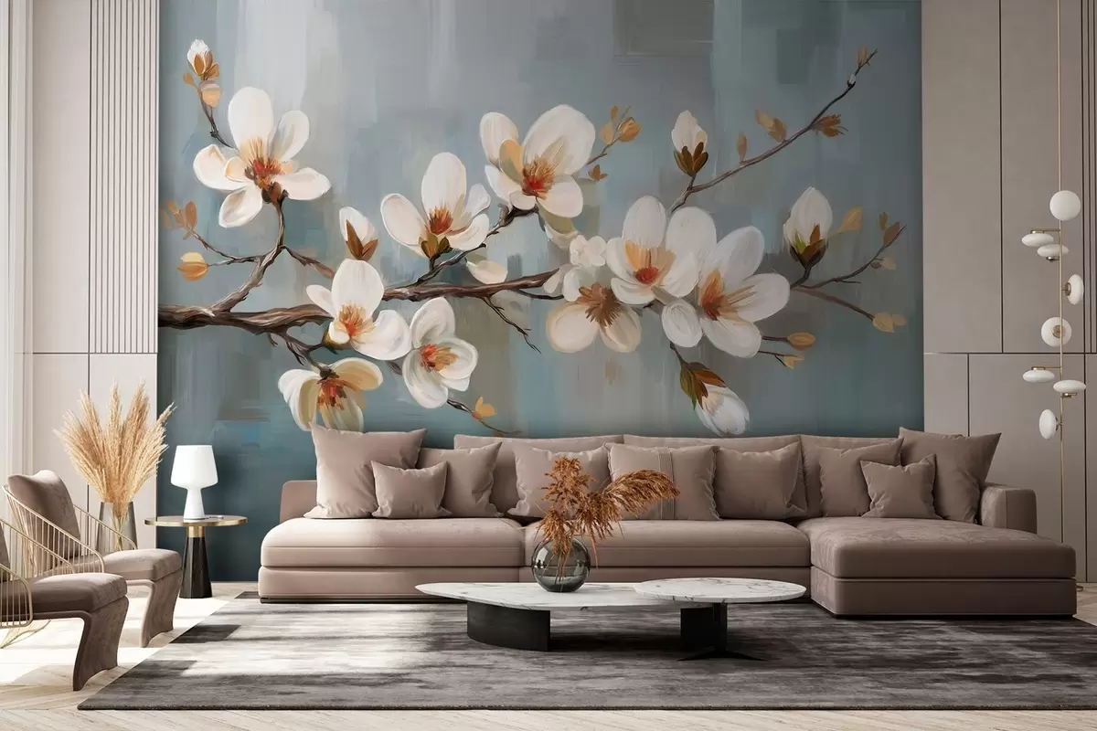 wall murals Цветајућа грана у стилу уљаног сликарства на плавој позадини w04496