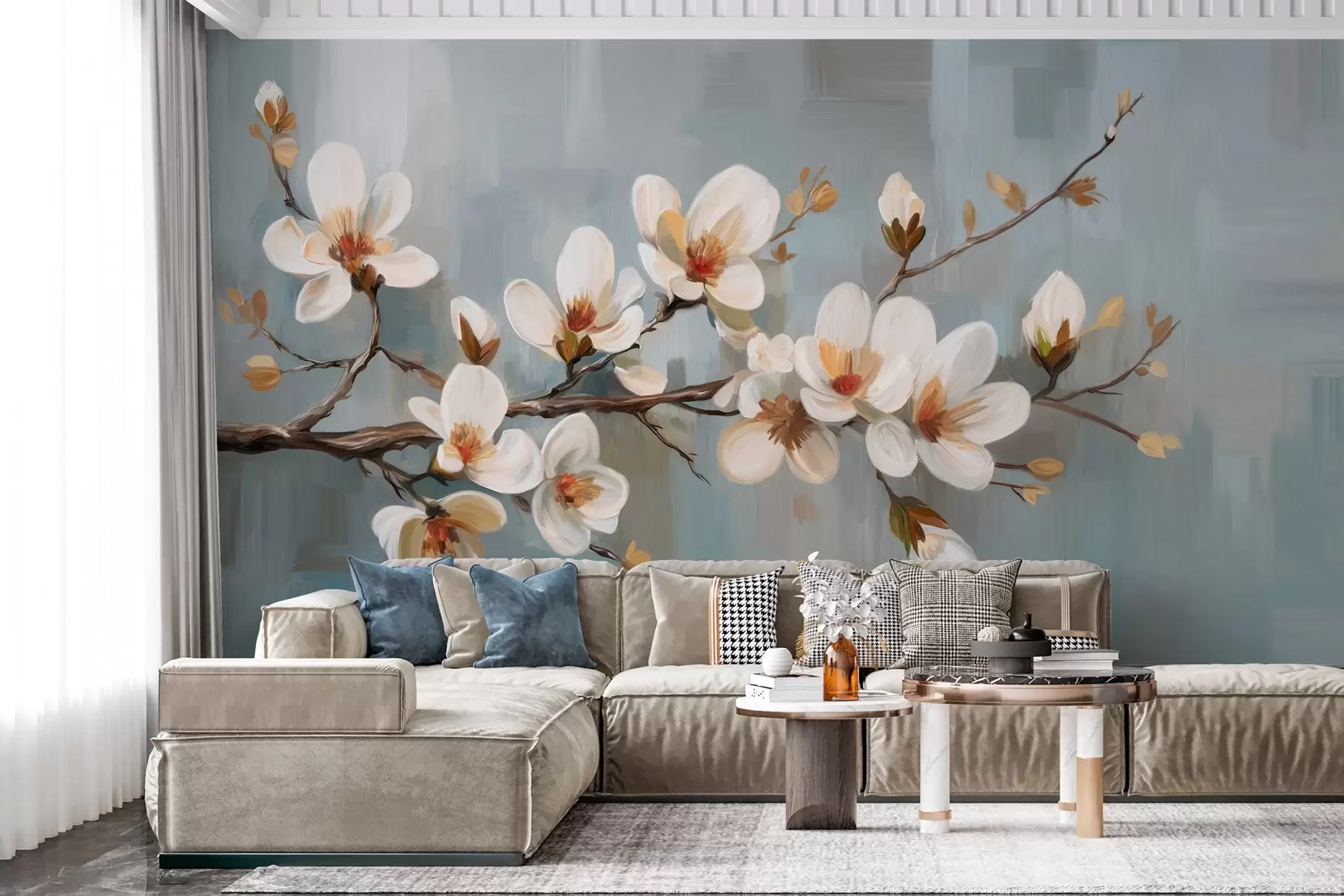 wall murals Цветајућа грана у стилу уљаног сликарства на плавој позадини w04496