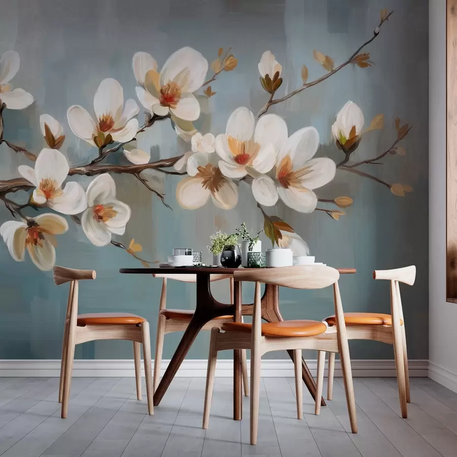 wall murals Цветајућа грана у стилу уљаног сликарства на плавој позадини w04496