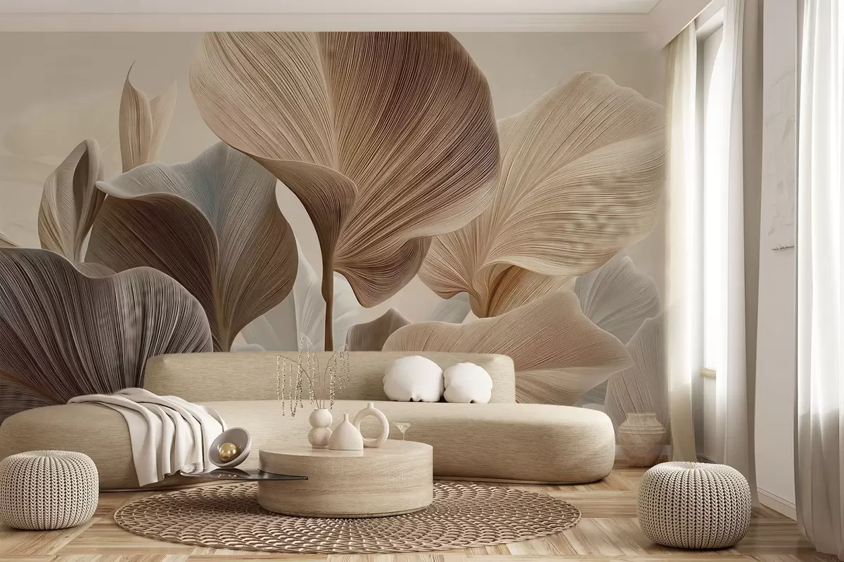 wall murals Елегантни беж листови са фином линеарном текстуром w04549