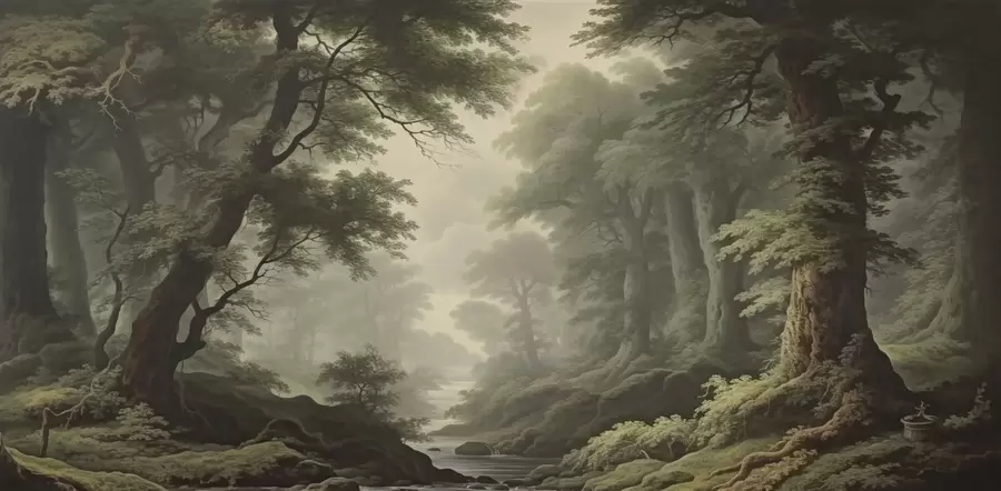 wall murals Магловита шума са реком и високим древним дрвећем w04555