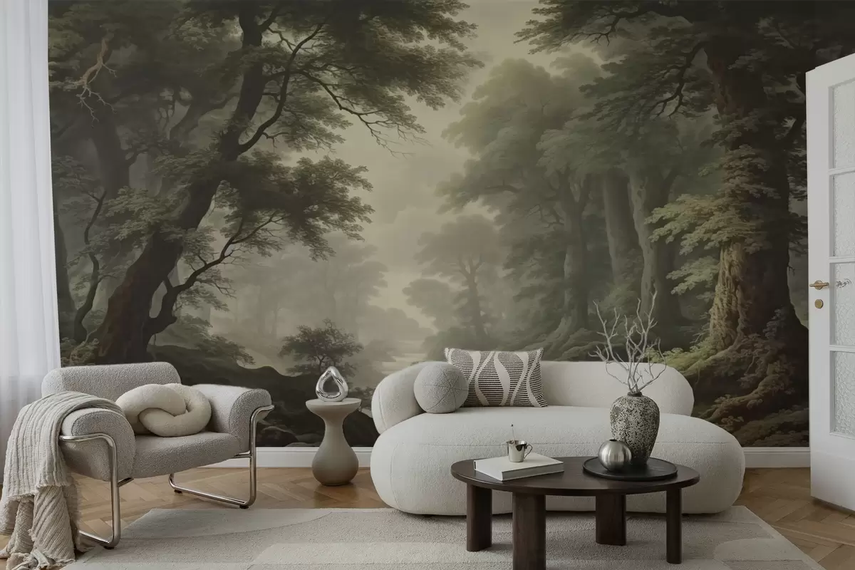 wall murals Магловита шума са реком и високим древним дрвећем w04555