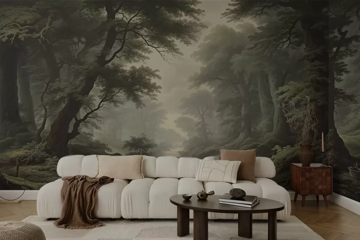 wall murals Магловита шума са реком и високим древним дрвећем w04555