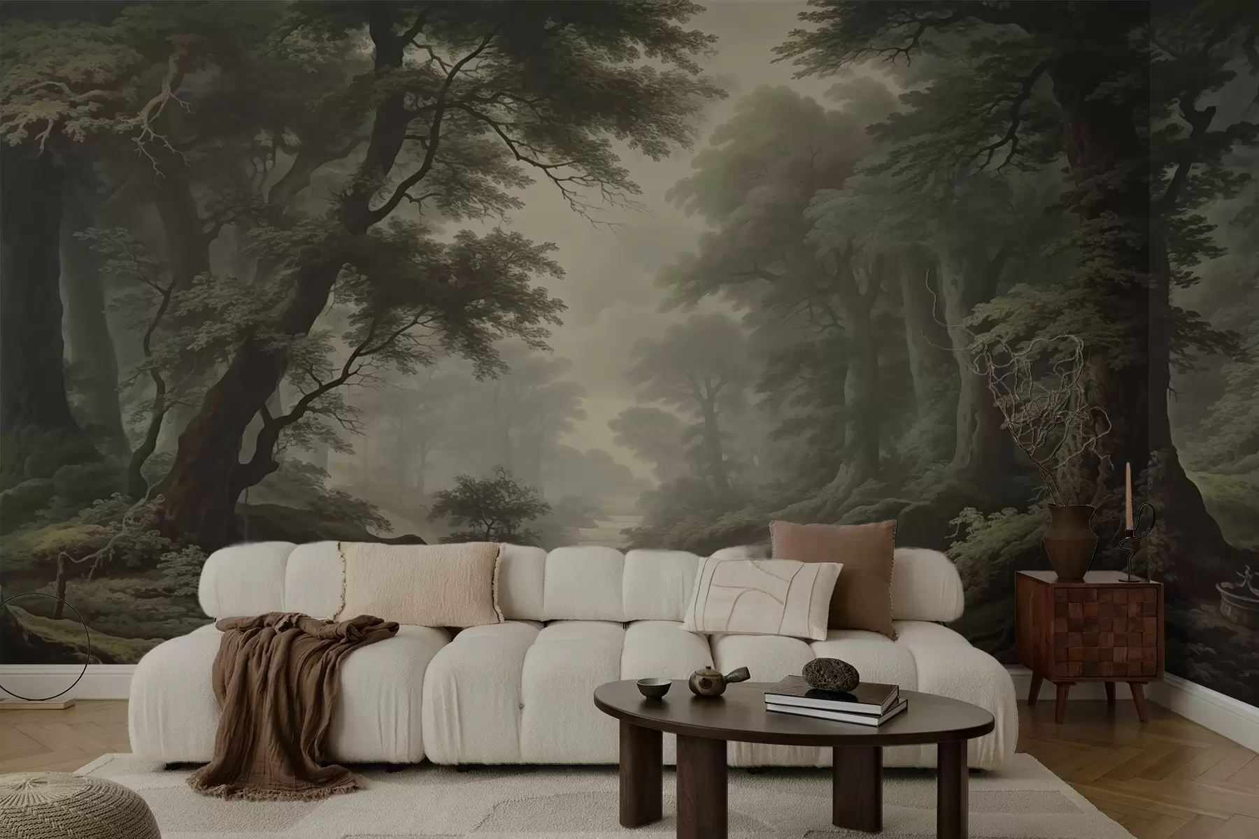 wall murals Магловита шума са реком и високим древним дрвећем w04555