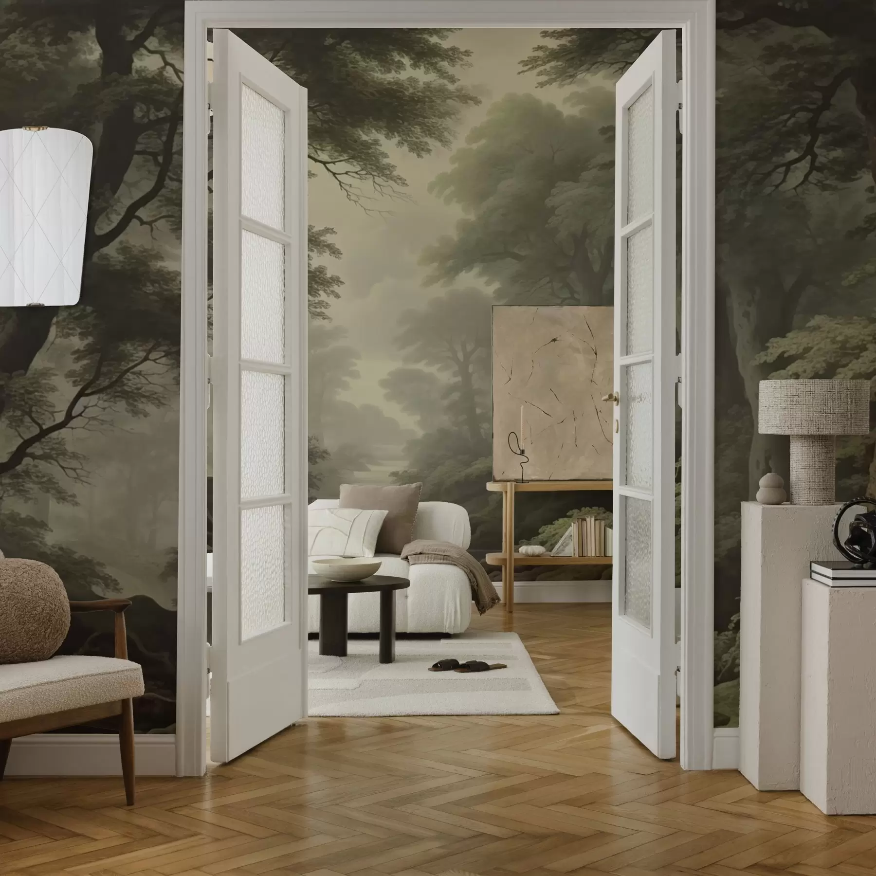 wall murals Магловита шума са реком и високим древним дрвећем w04555