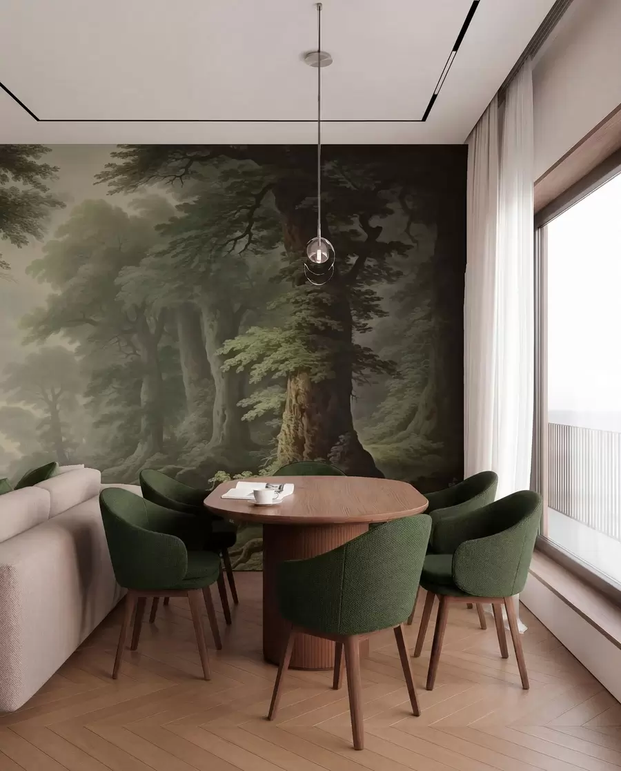 wall murals Магловита шума са реком и високим древним дрвећем w04555