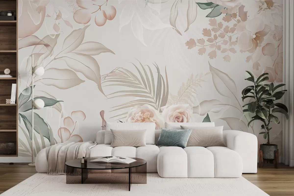 wall murals Цветни текстурирани аранжман са ружама, орхидејама, еукалиптусом и палминим листовима у пастелним бојама, беж позадина w09393